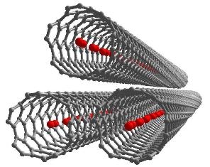 単層カーボンナノチューブ中に酸素分子が配列した様子